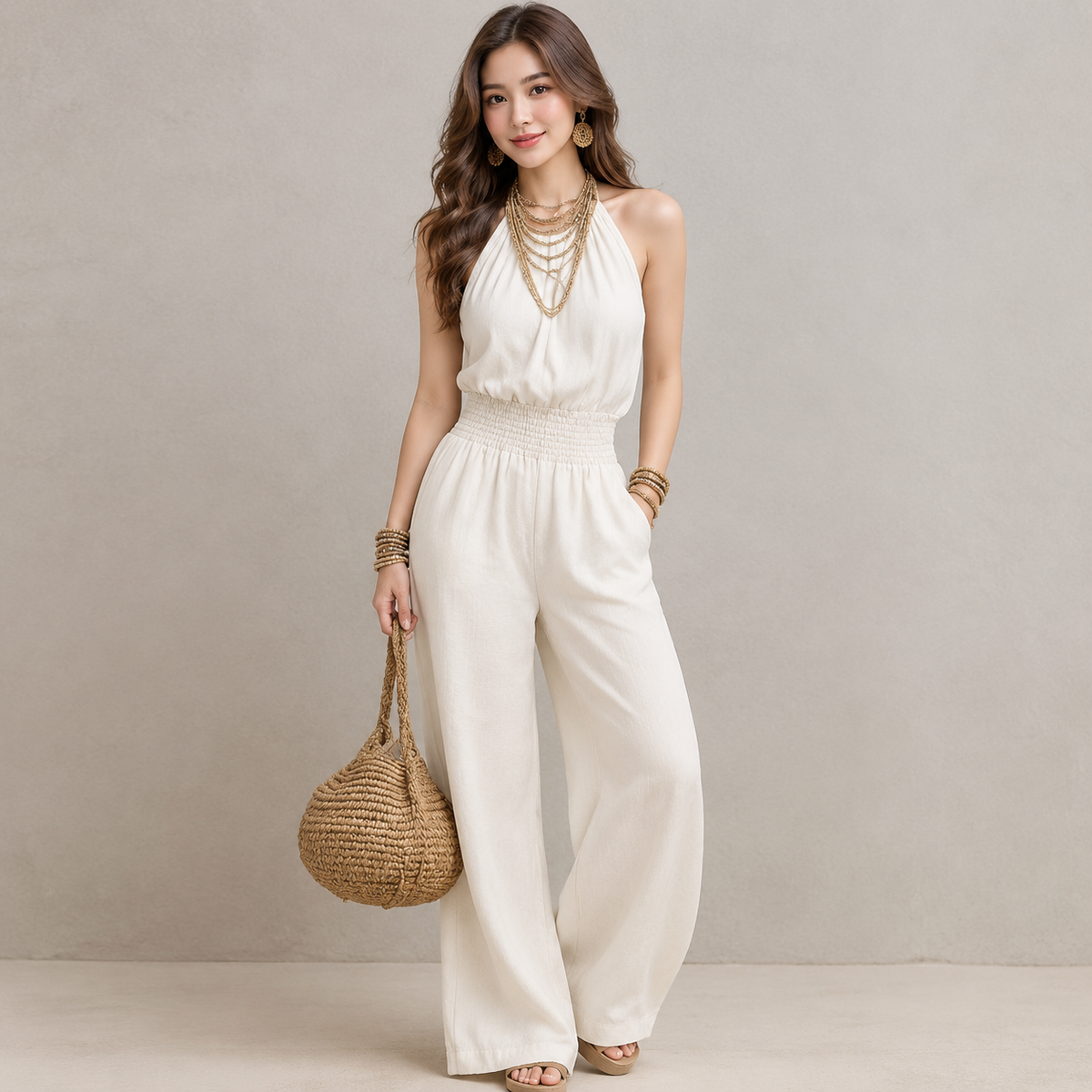 Halter Neck Jumpsuit: Smocked Waist Flowy Jumpsuit: