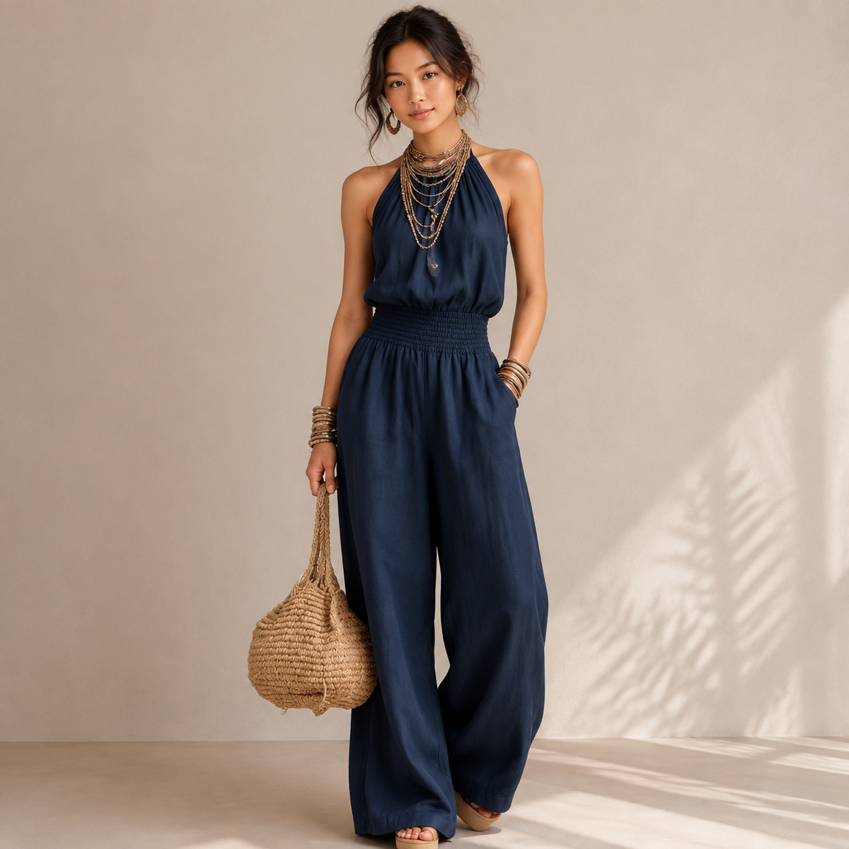 Halter Neck Jumpsuit: Smocked Waist Flowy Jumpsuit: