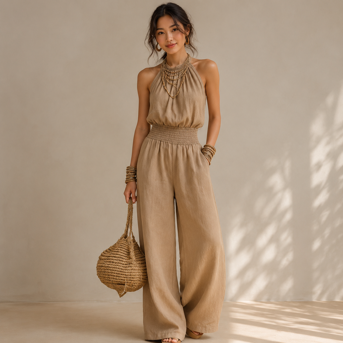 Halter Neck Jumpsuit: Smocked Waist Flowy Jumpsuit: