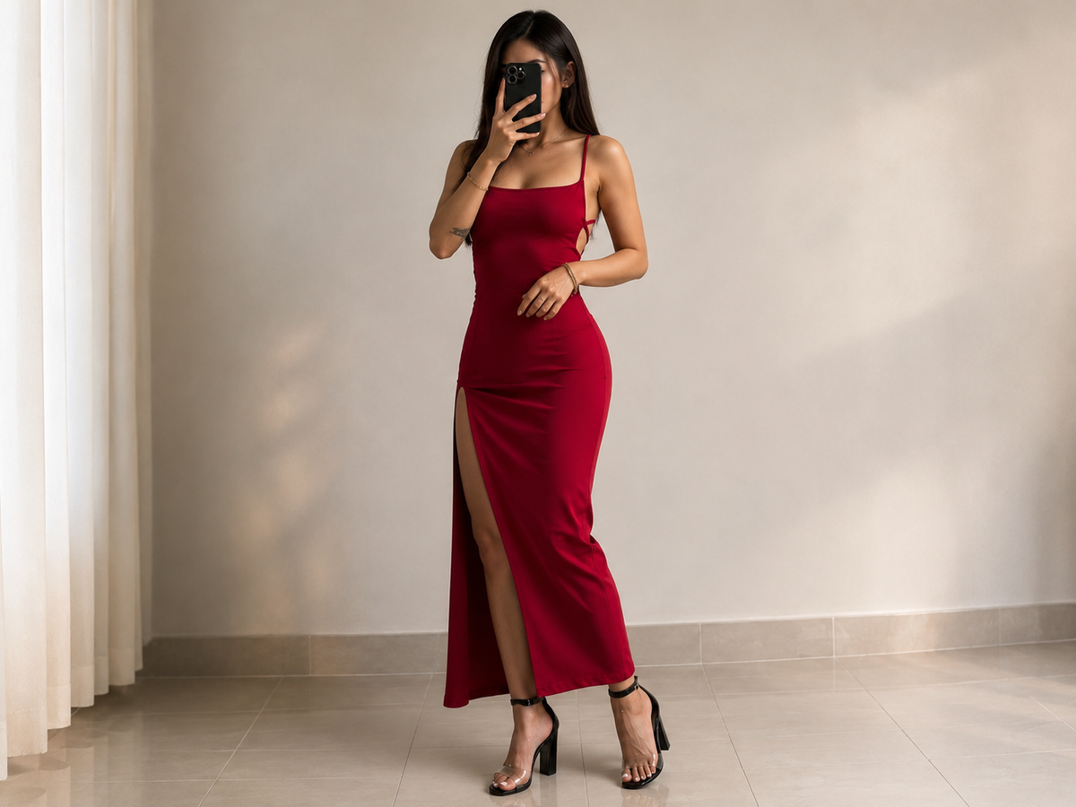 High Slit Evening Dress: Spaghetti Strap Lace-Up Back Ruched Evening Dress
