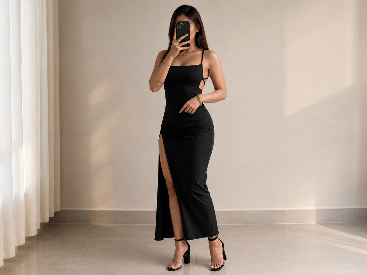 High Slit Evening Dress: Spaghetti Strap Lace-Up Back Ruched Evening Dress