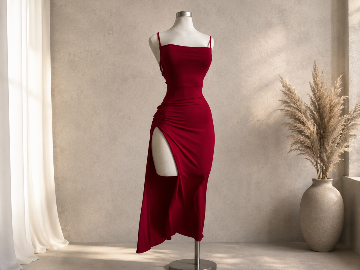High Slit Evening Dress: Spaghetti Strap Lace-Up Back Ruched Evening Dress
