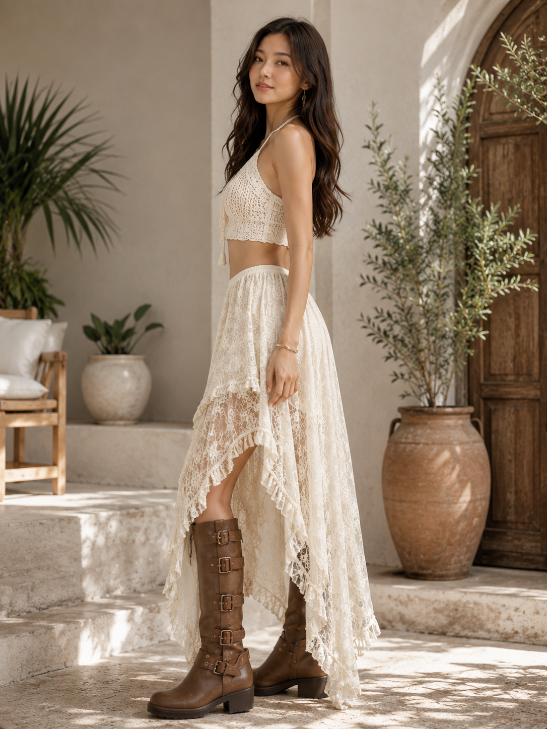 Cream asymmetrical lace maxi skirt