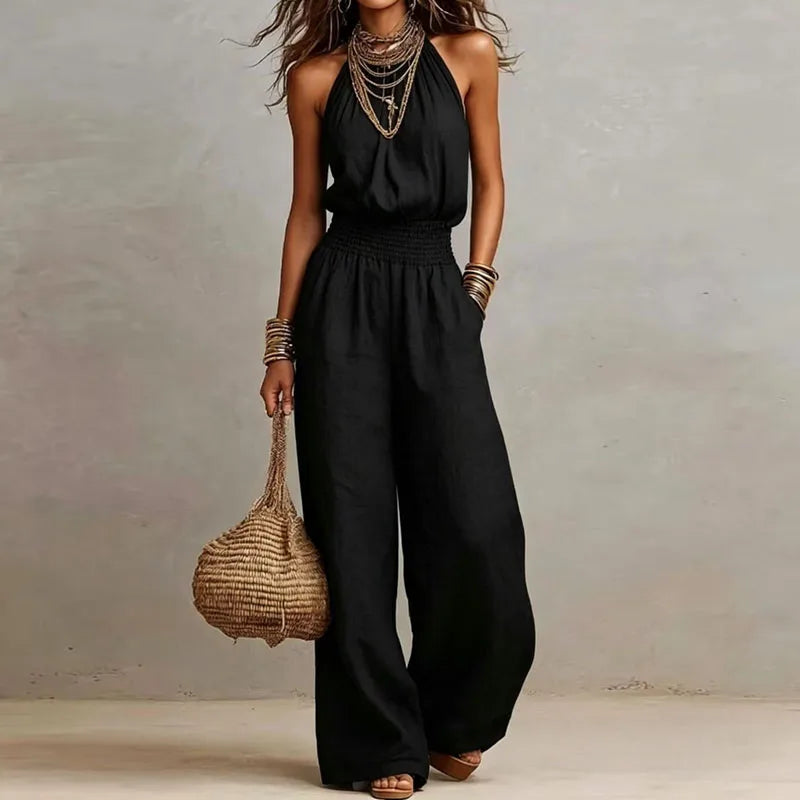 Halter Neck Jumpsuit: Smocked Waist Flowy Jumpsuit: