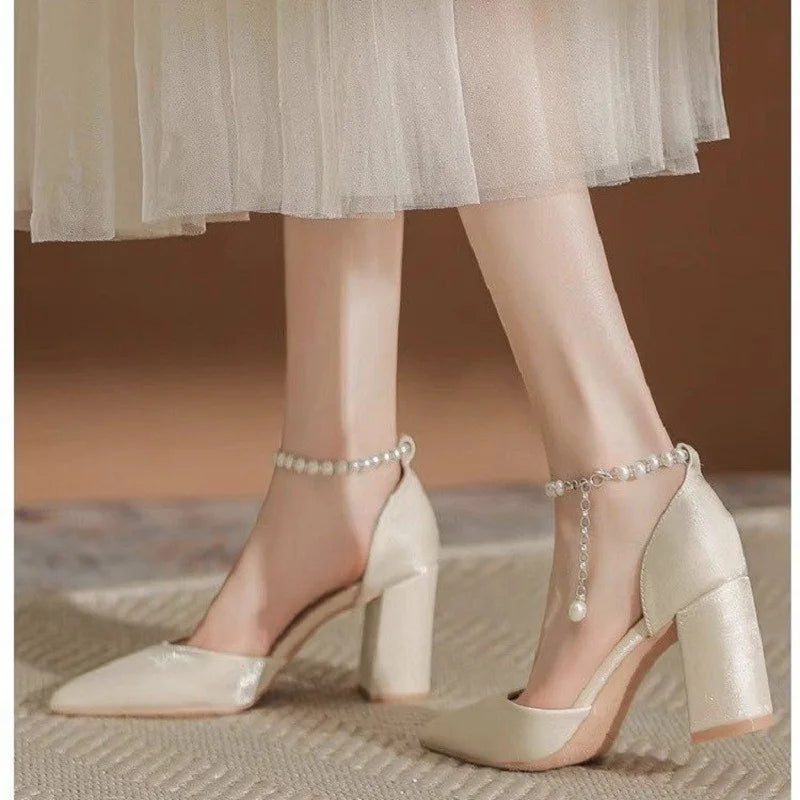 Pearl Strap Pointed Toe Heels: Elegant Block Heel Pumps | Satin Bridal Shoes | Women Formal Dress Shoes