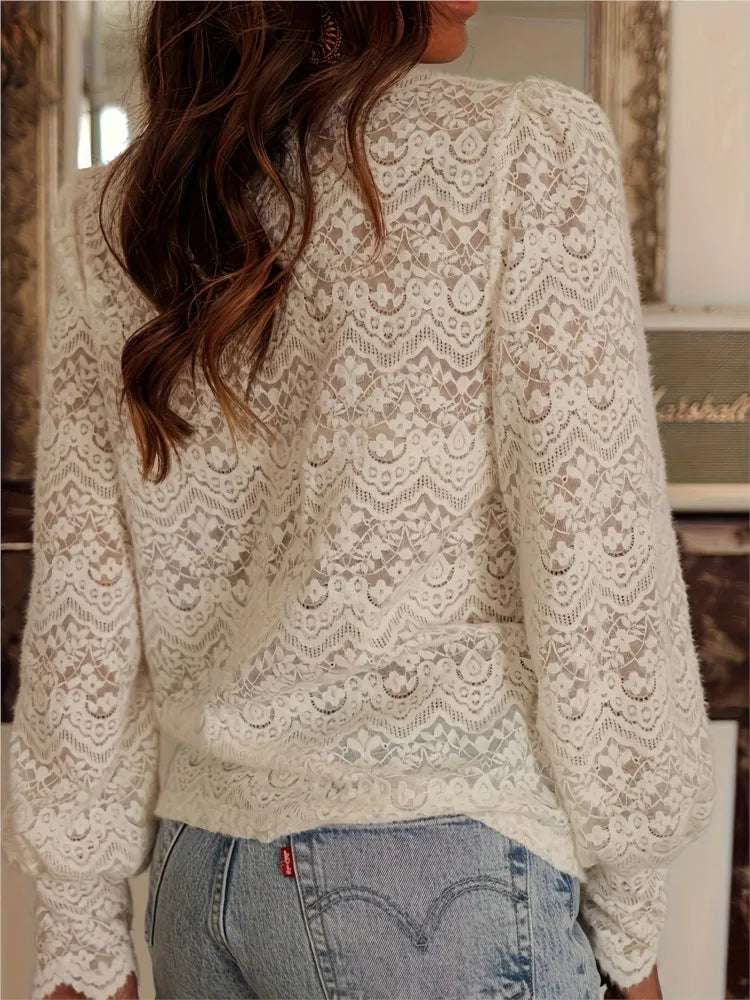 White Lace Blouse For Women | Long Sleeve Floral Lace Top | V Neck Sheer Elegant Shirt | Feminine Casual Dressy Fashion Top