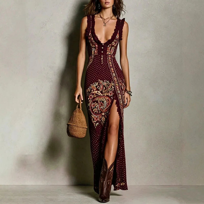 High Slit Bohemian Dress: Boho Paisley Print Maxi Dress