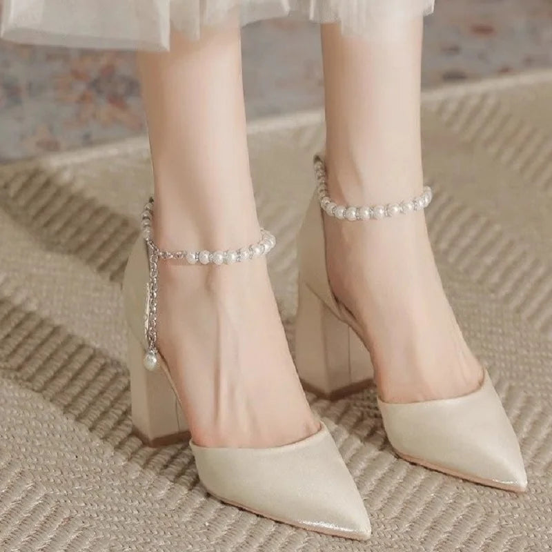 Pearl Strap Pointed Toe Heels: Elegant Block Heel Pumps | Satin Bridal Shoes | Women Formal Dress Shoes