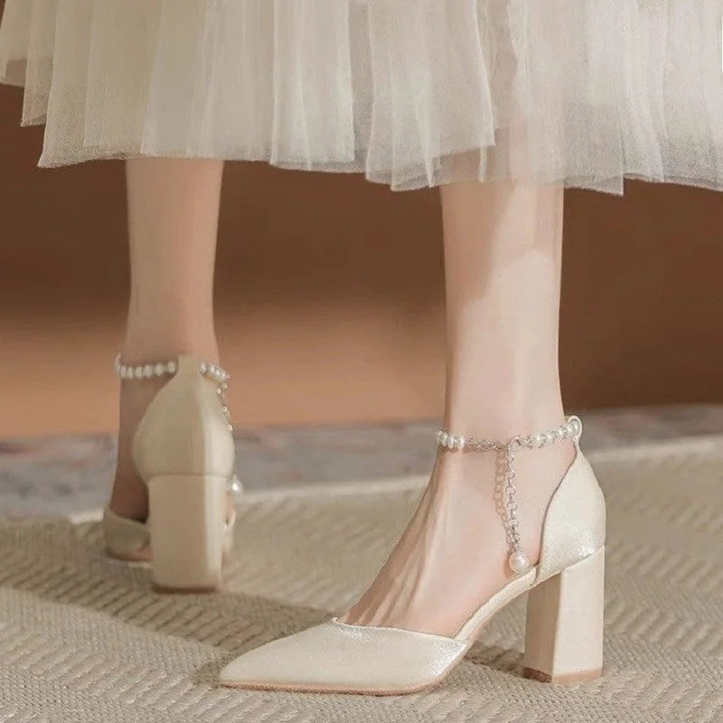 Pearl Strap Pointed Toe Heels: Elegant Block Heel Pumps | Satin Bridal Shoes | Women Formal Dress Shoes