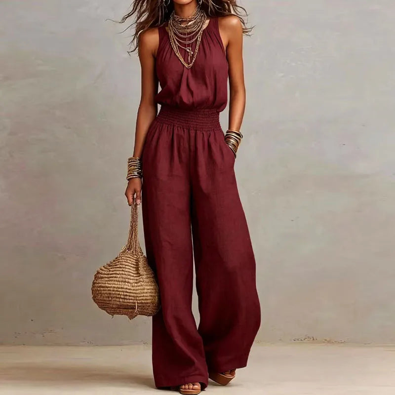 Halter Neck Jumpsuit: Smocked Waist Flowy Jumpsuit: